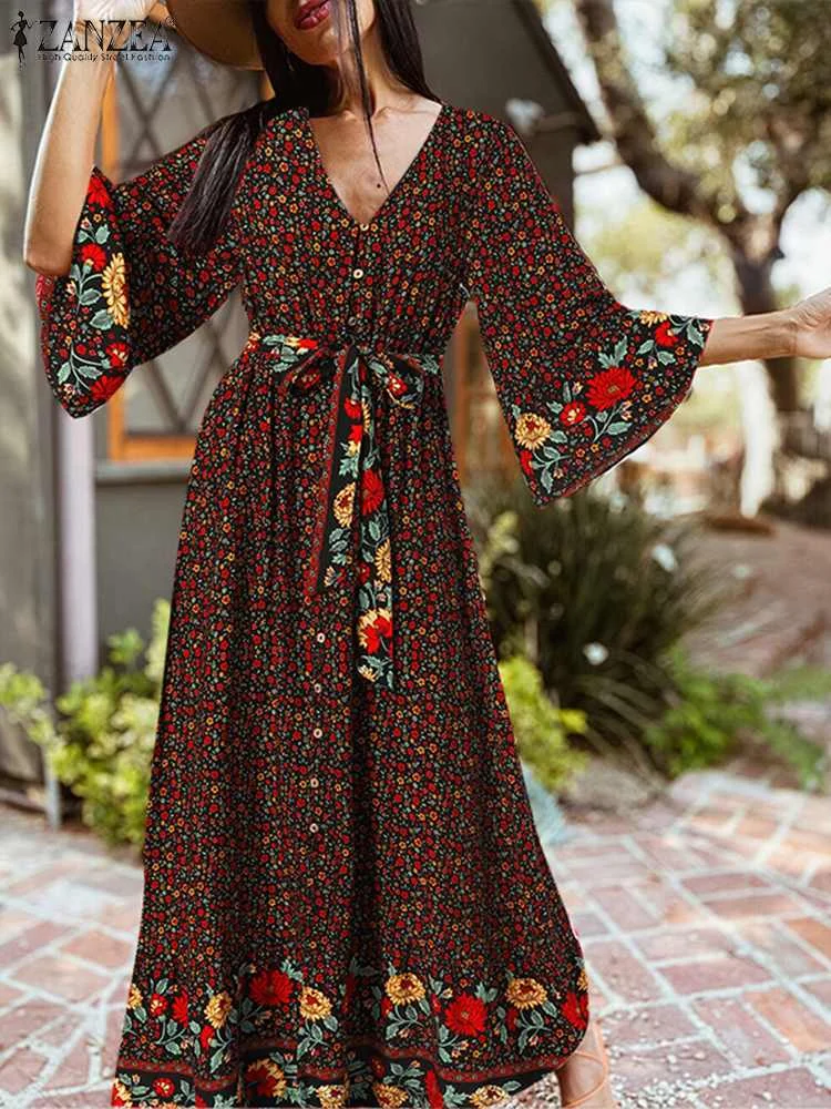 

ZANZEA V-Neck Flare Sleeve Floral Printed Dresses Women Summer Maxi Dress Bohemian Femme Fashion Casual Loose Elegant Robe 2022