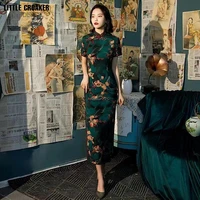 modern vintage green qipao cheongsam dress woman traditional chinese dresses classic oblique slit costume summer party vestido