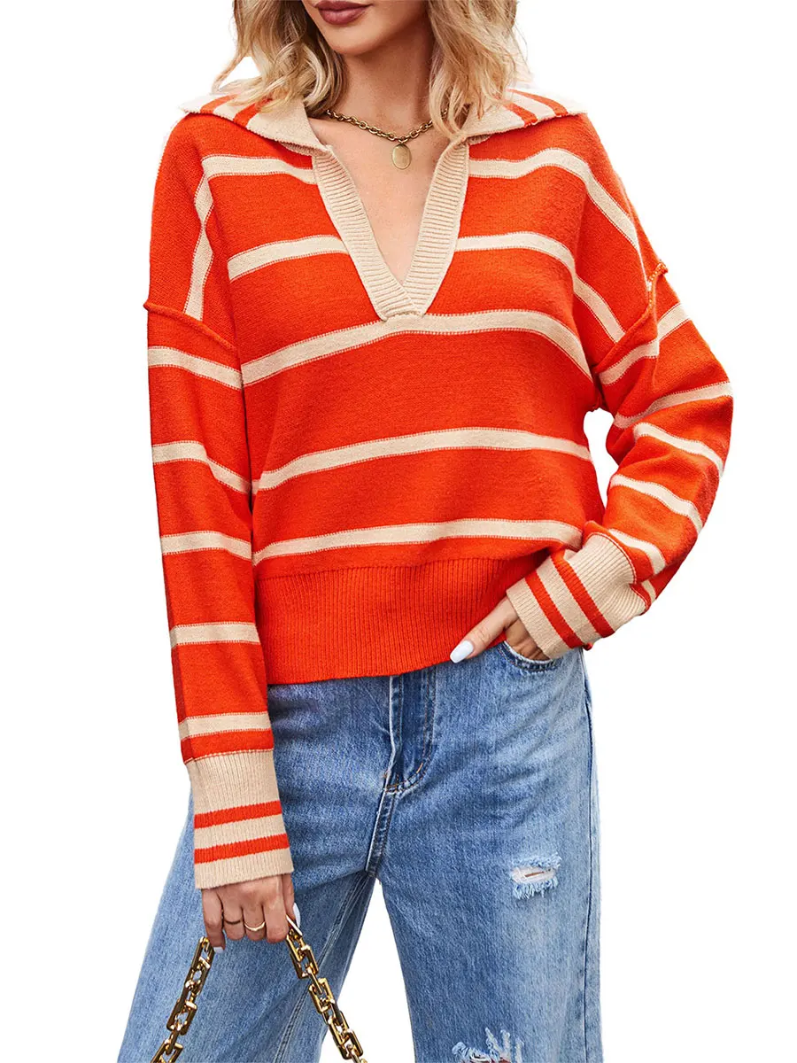 

Женские вязаные топы, футболка с длинным рукавом и отложным воротником, свободный осенний полосатый свитер, уличная одежда