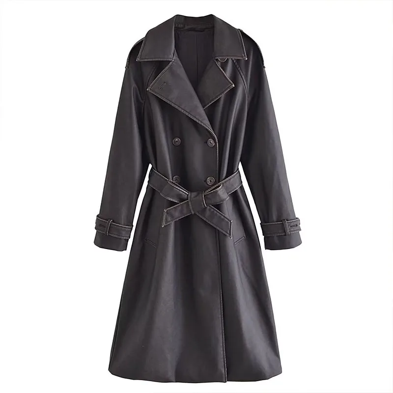 

Женская зимняя верхняя одежда 2023, Повседневная Классическая куртка в стиле ретро из мытой искусственной кожи, двубортная ветровка с поясом и отделкой