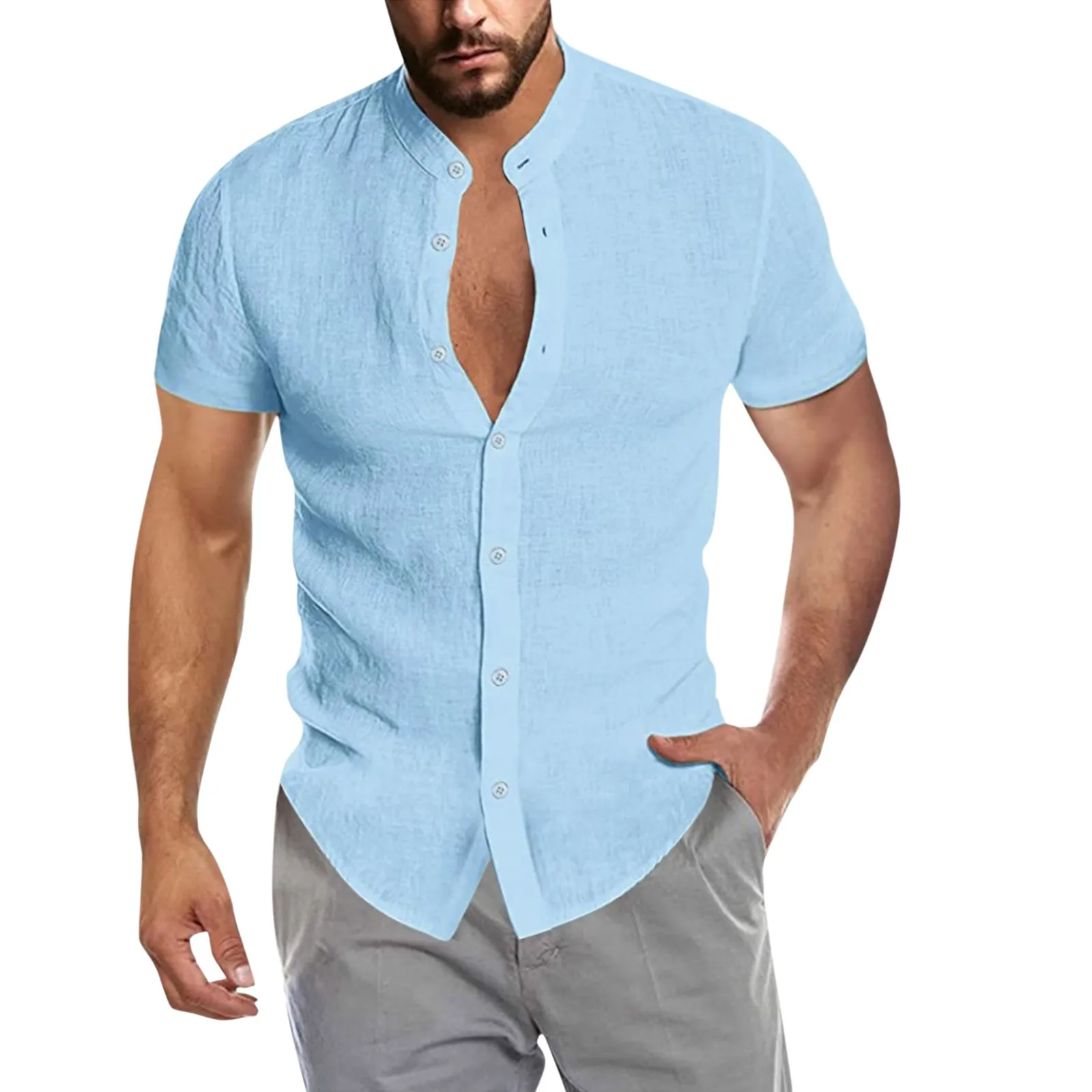 

Cotton Line Button Shirts Men's Short-sleeved Shirts Summer Solid Stand-up Collar Casual Beach Hawaii Boho Style Tops Plus Size
