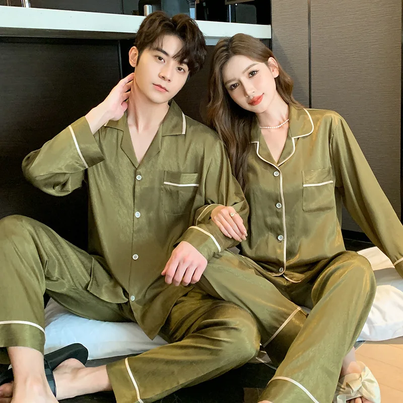 New Couples' Pajamas Spring and Summer Men's and Women's Ice Silk Satin Chiffon Herringbone Long Thin Home Suit Set