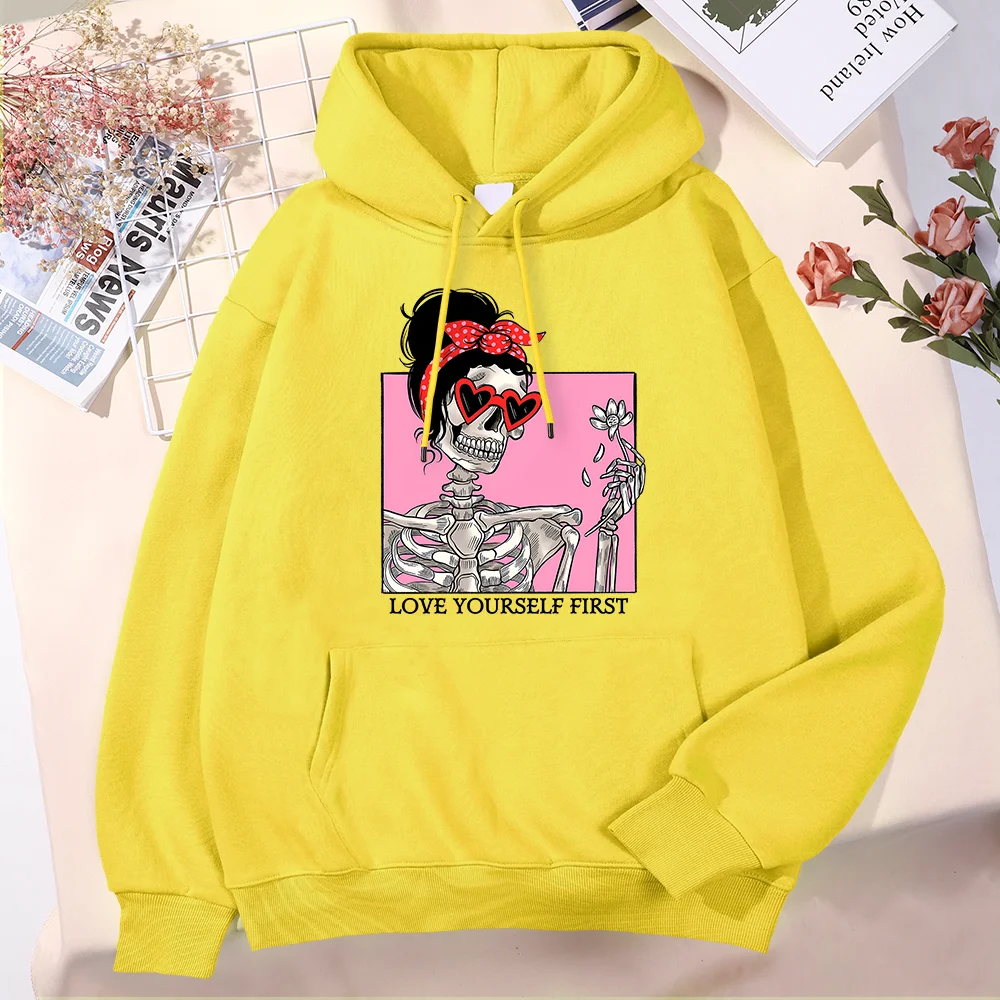 

Love Yourself First Skeleton Girl Men'S Clothes Fashion Soft Streetwear Vintage Harajuku Hoodie Comfortable Daily Hoodies Men