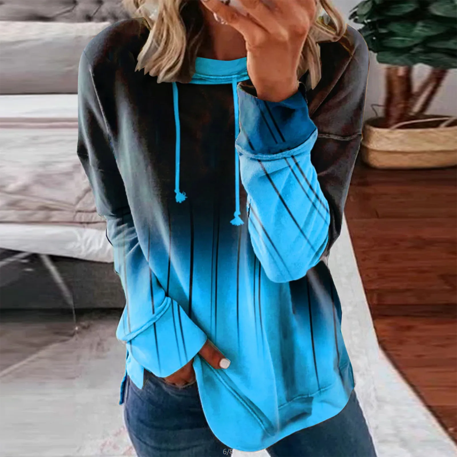 

Ladies Casual Sweater Top Round Neck Button Printed Shirts Blouse Long-Sleeved Fleece Hooded Jacket Women Sweat Womens Shirt