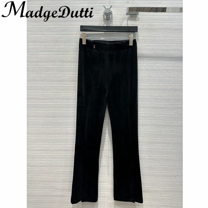 11.4 MadgeDutti Metal Pin Elastic Waist Slim Comfortable Fleece Velvet Hem Split Flare Pants Women