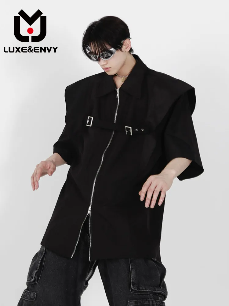 

LUXE&ENVY Fake Two-piece Shoulder Pad T-shirt Short Sleeve Shirt Zipper Design Simple Senior Top Coat Spring Summer 2023 New