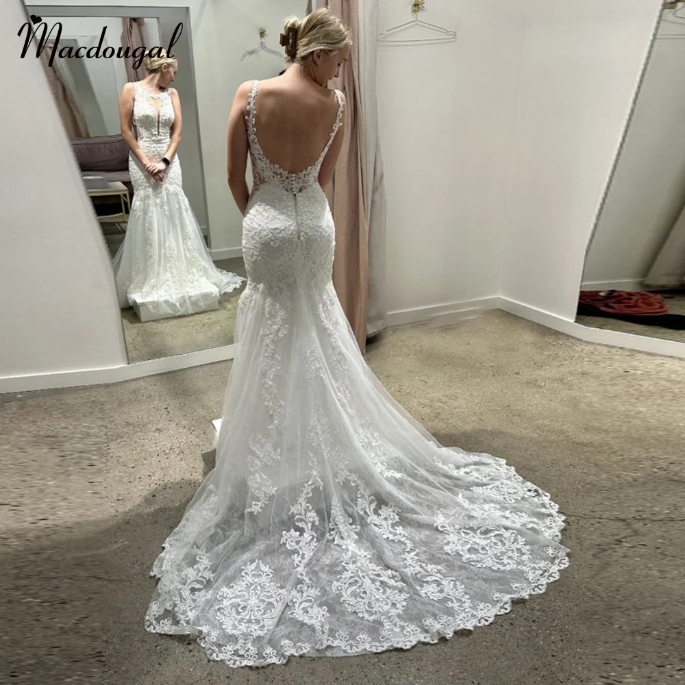 

MACDOUGAL Civil Mermaid Wedding dresses for Women Lace Appliques Scoop Vestido De Noiva Custom Made Plus Size Bride Gown