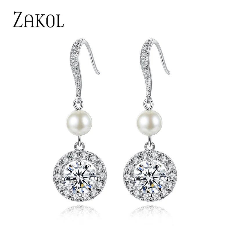 ZAKOL 2022 New Classic Micro Inlay Round Zircon Ear Hook Earrings for Women Simple Korean Style Pearl Bridal Wedding Jewelry