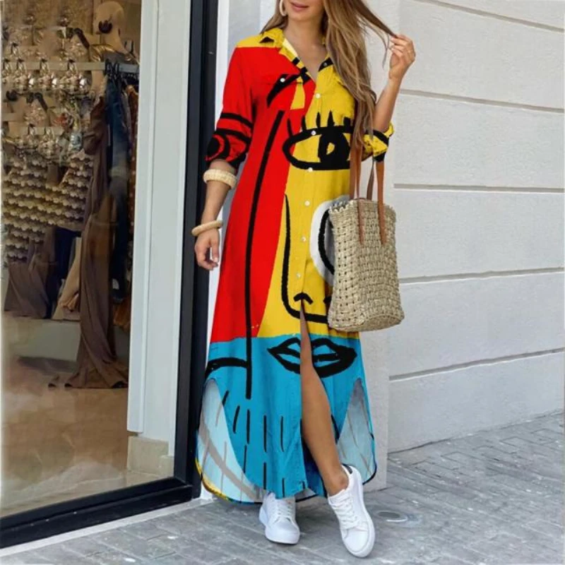 

2022 Women Casual Loose Dresses Outfits Long Sleeve Buttoned Art Figure Print Shirt Dress