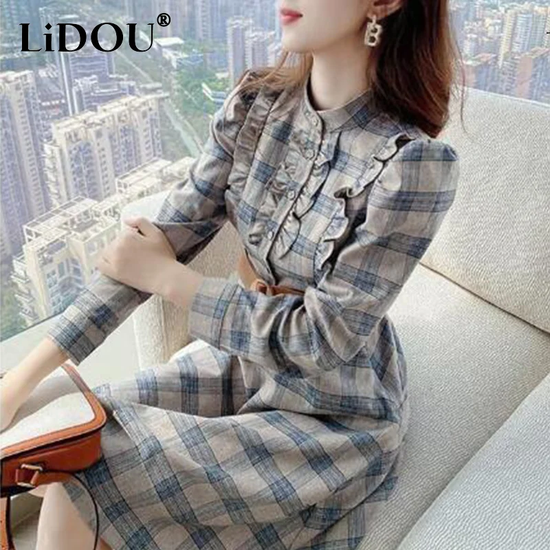 

Spring Autumn Elegant Fashion Stand Collar Vintage Plaid Ruffles Dresses Female Waist Belt Robe Long Sleeve Sweet Dress Vestidos