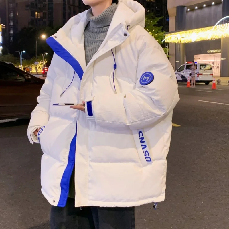 Winter Men'S New Hooded Drawstring Trend Warm Duck Down Lightweight  Short Coat Casual Cotton Padded Jacket White Blue Black
