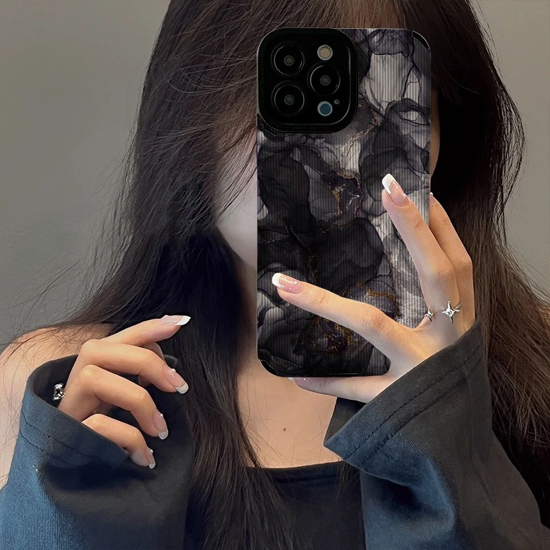 Spilling Ink Arts Marbled Pattern Phone Case For iPhone 11 12 13 14 Pro Max 14plus X XR XS Max 7 8 Plus Black White Shell Cover