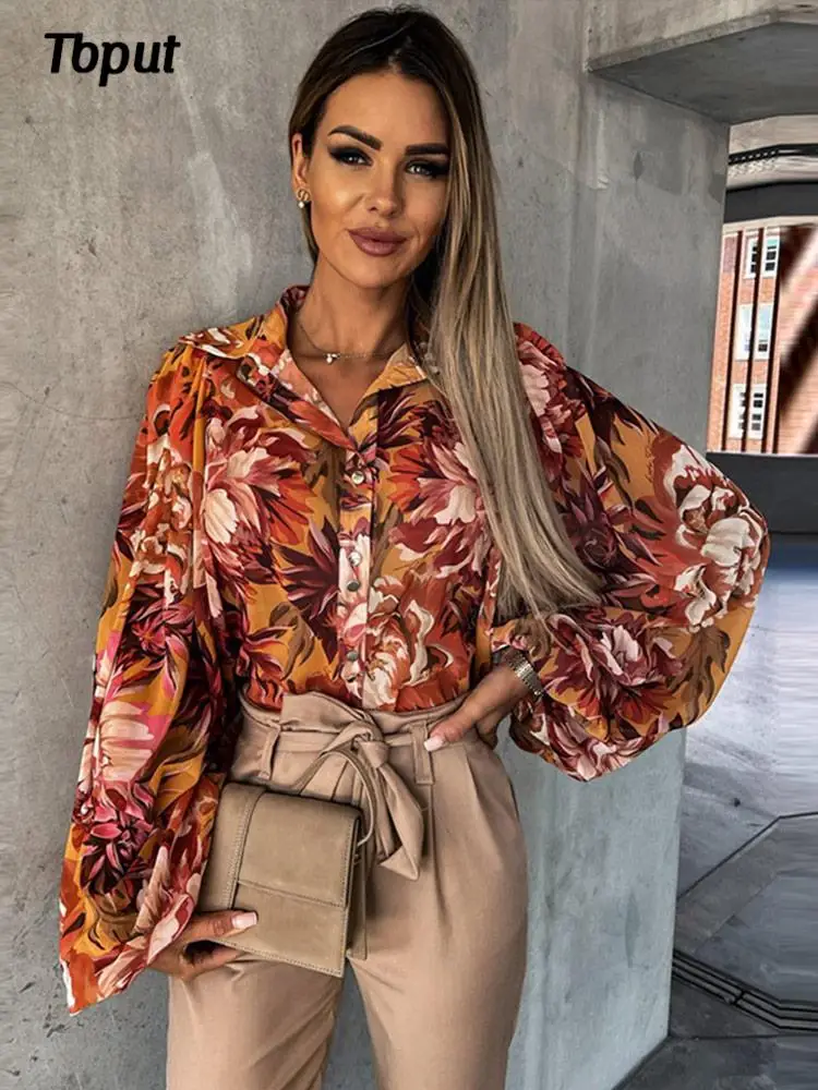 

Lady Loose Printed Button Chiffon Shirt Women Turn Down Collar Long Sleeve Blouses Female Autumn Winter Fashion Casual Tops
