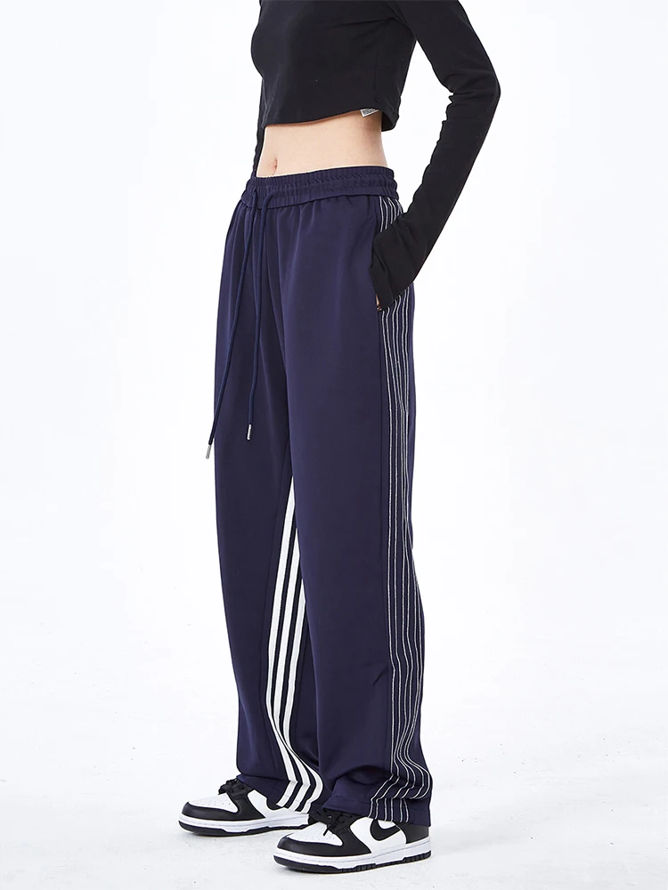

Women Striped Design Autumn Winter Sweatpants Loose Wide Leg High Waist Female Joggers Trousers Simple Daily Basic Preppy Style