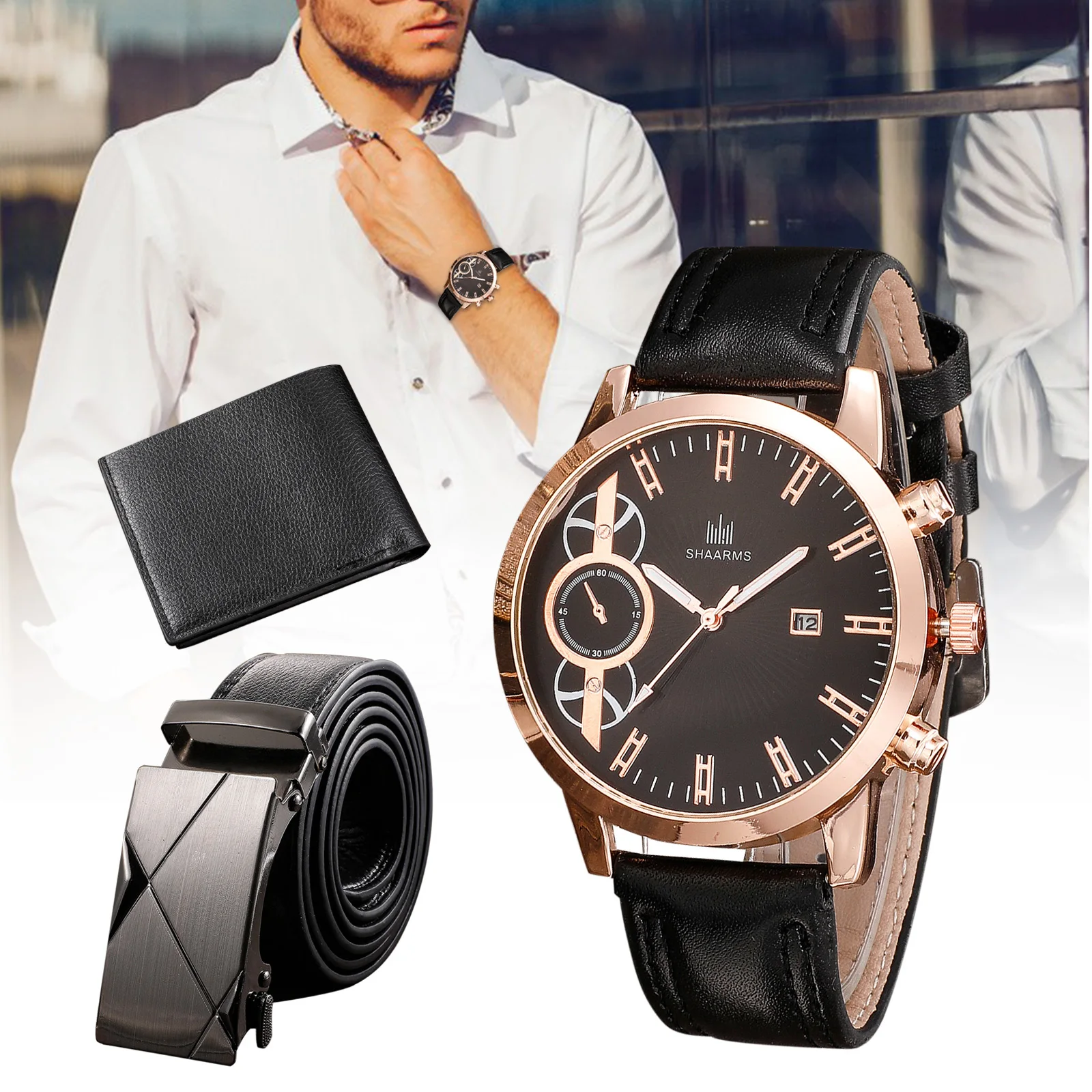 

Men's Watch+Wallet+Belt Set Male's Gift for Father's Day Birthday Gift 3pcs/set PU Strap Good-looking for Dad Boyfriend JAN88