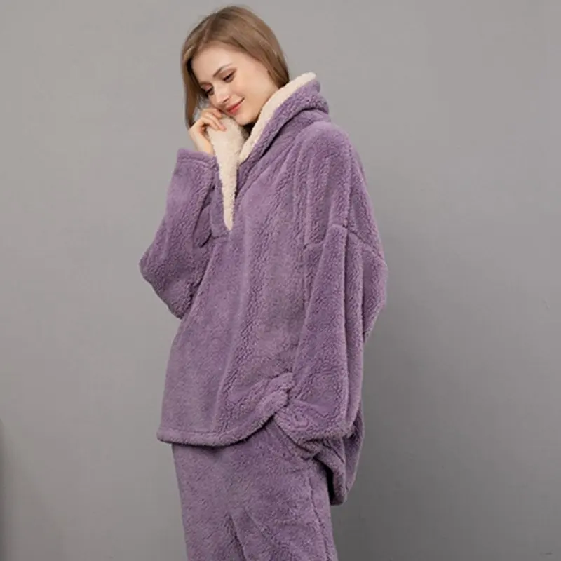 

Autumn Winter Pajamas Set Women Loungewear Fleece Sleepwear Home Suits Homewear Ladies Warm Plush Lounge Sleep Wear