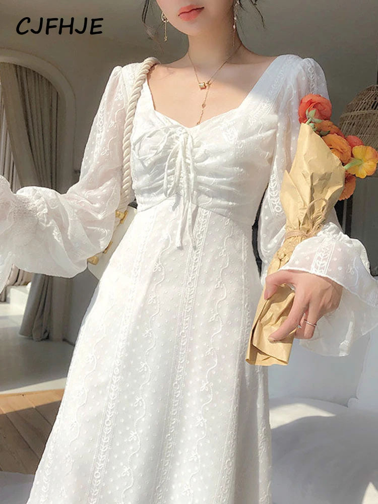 

CJFHJE Свободное белое сказочное платье женские бежевые шифоновые элегантные женские платья Повседневное платье средней длины во французском стиле с длинным рукавом женское осеннее платье