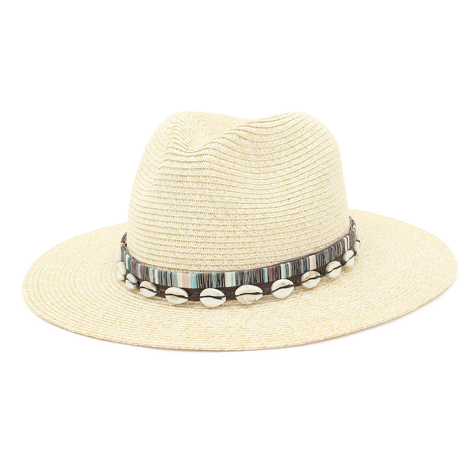 

2022 Women Wide Brim Panama Straw Hat Fedora Summer Beach Sun Hat with Shell Belt for Outdoor Travel Vacation UV Protection
