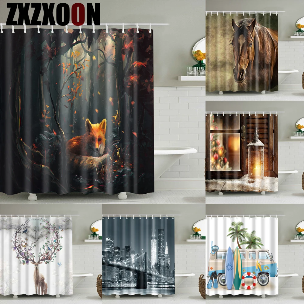 

European Style Animals Fox Horse Building Shower Curtains Bathroom Curtain Waterproof Polyester for Bath with Hooks
