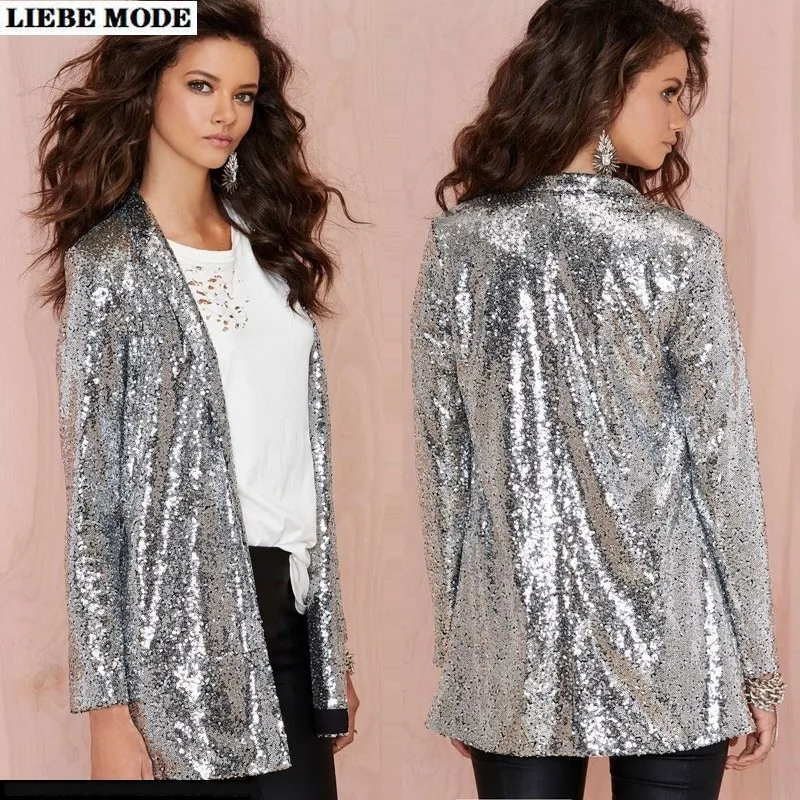 Sequin Cardigan Blazers Women Gold Silver Black Shiny Jacket Coat Night Club Punk V-neck Outwear Female Stage Party Costume