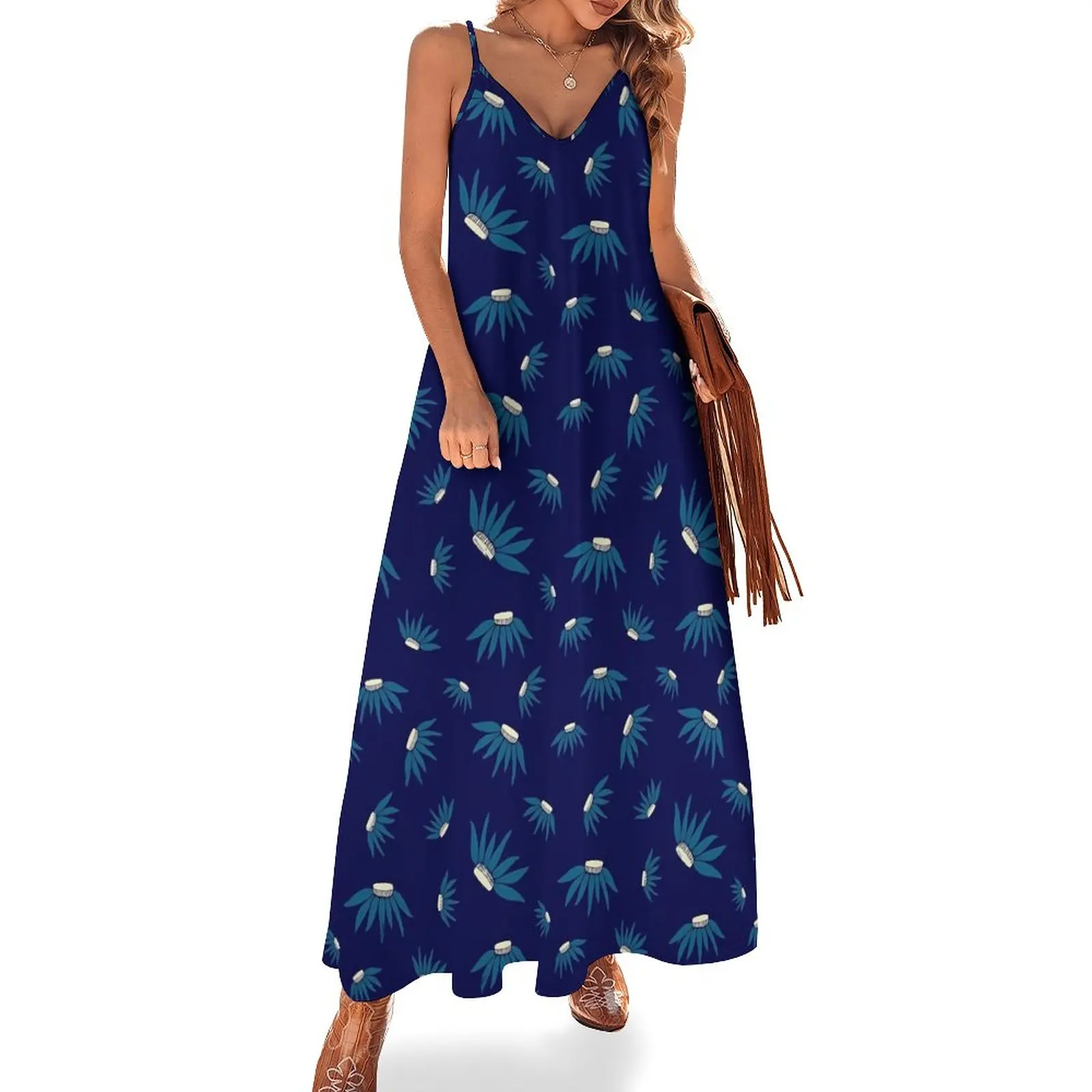 

Blue Daisy Floral Dress Flowers Print Club Maxi Dress Stylish Bohemia Long Dresses Women Spaghetti Strap Graphic Big Size 5XL