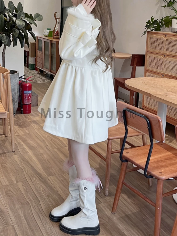 Зимнее кавайное шерстяное пальто с кукольным воротником в стиле ретро женское