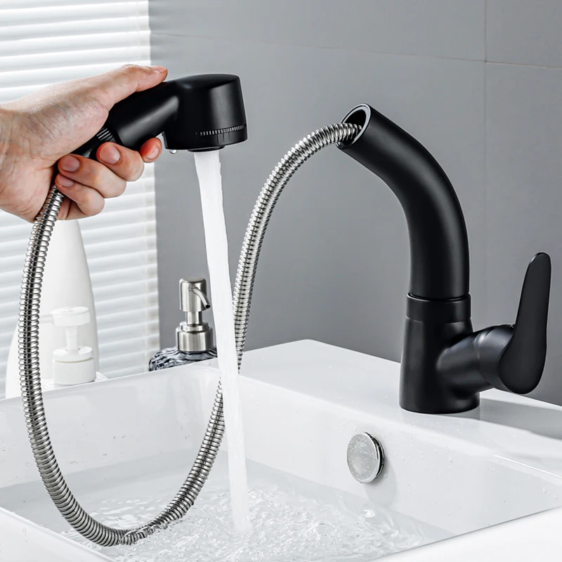 

Vidric Matte Black Bathroom Basin Faucet Pull Out Spout Rotatable Liftable Body Deck Mounted Hot and Cold Water Mixer Tap