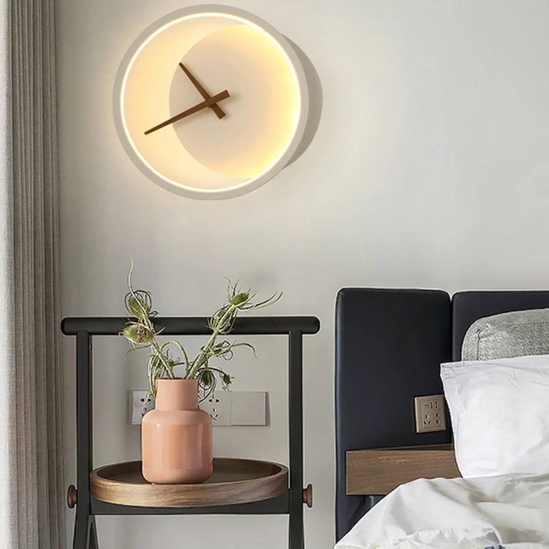 

Decorative LED Round Wall Clocks Lamp Modern Nordic Metal Wall Clock Light for Living Room Bedroom Bedside Study Loft Home Decor