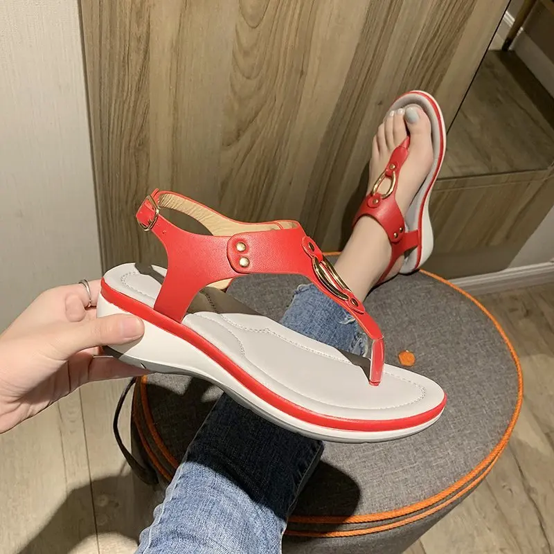 

Women Wedge Sandals 2022 Summer Beach Solid Color Flip Flops for Women Clip Toe Ladies Shoes Buckle Strap Low Heel Sandals