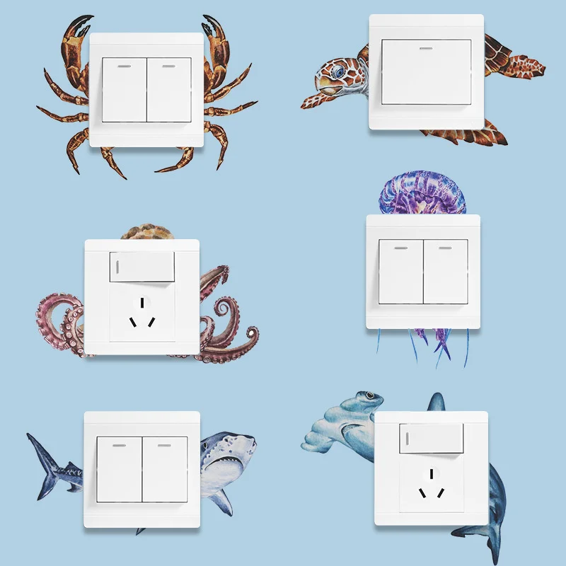 

Marine Animal Octopus Shark Turtle Switch Stickers Cute Sea Fish Porch Home Wall Decoration Cartoon Decor Creative Wall Stickers