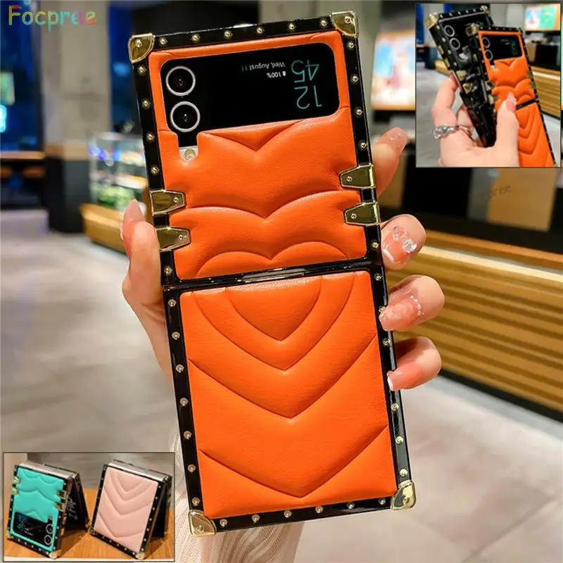 

Fashion 3D Love Heart Soft PU Leather Cover For Samsung Galaxy Z Flip 4 Square Shockproof Phone Case For Samsung Galaxy Z Flip 3
