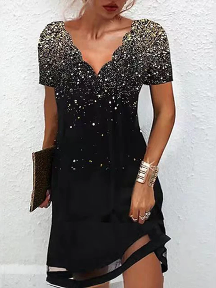 

Solid Lace 1/2 Sleeves Cold Shoulder Women Dress Spring V Neck Stitching Party Dress Summer Short Sleeve Embroidery Office Dress