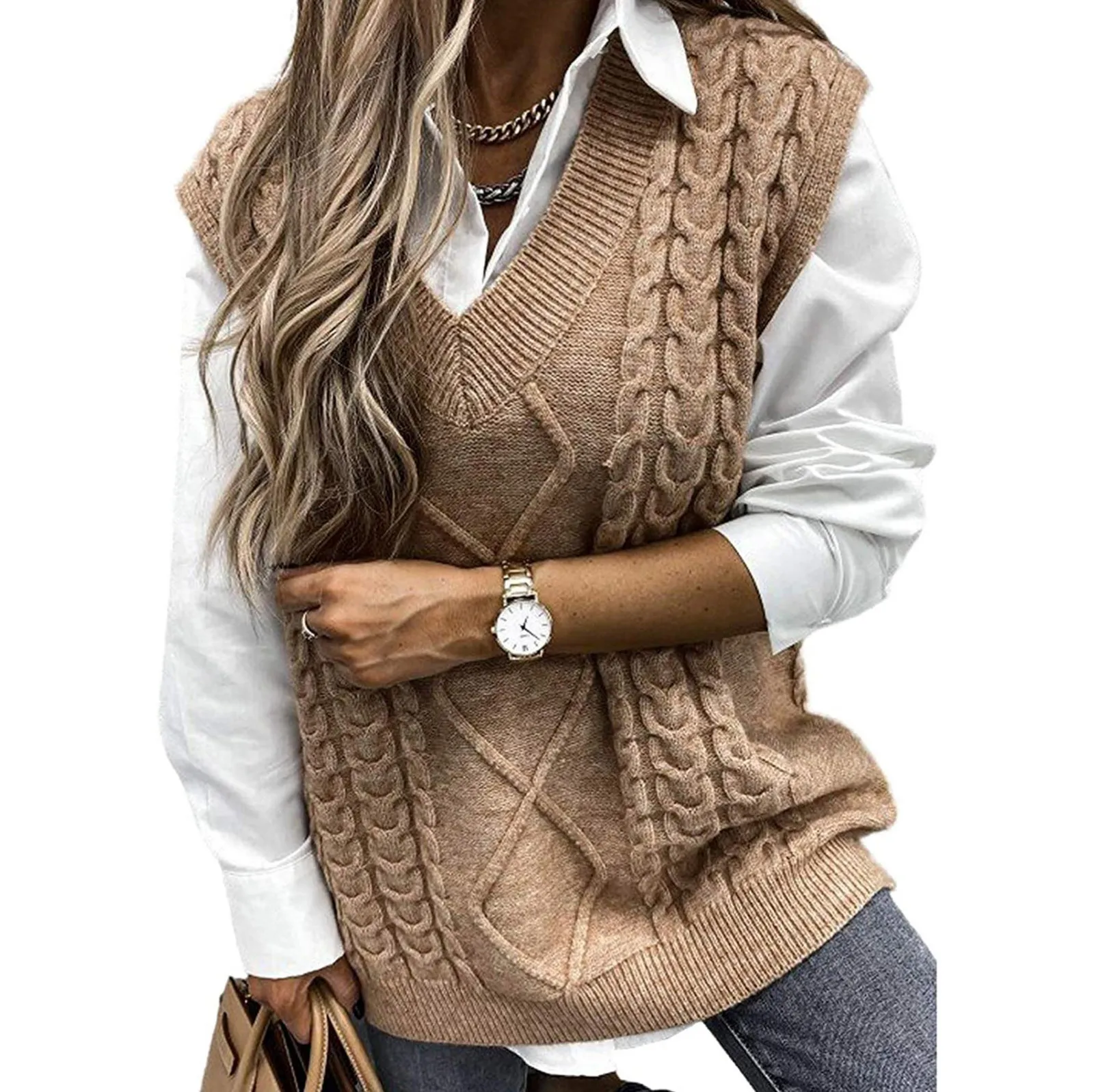 

2023 Women Short Knitted Sweater Sleeveless Women Loose Sweater Vest Ladies V-Neck Pullover Tank Tops Waistcoat Female Coats