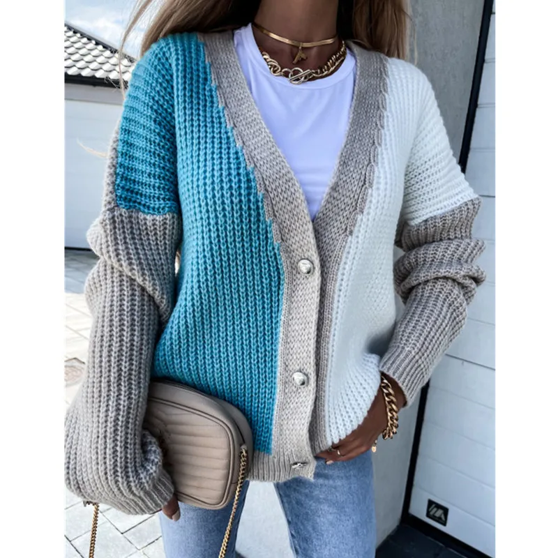 

DAYIFUN Autumn Winter Women's Knitted Sweater Button Cardigan Single-breasted Patchwork Color Loose Jacket Knitwear Top Femme
