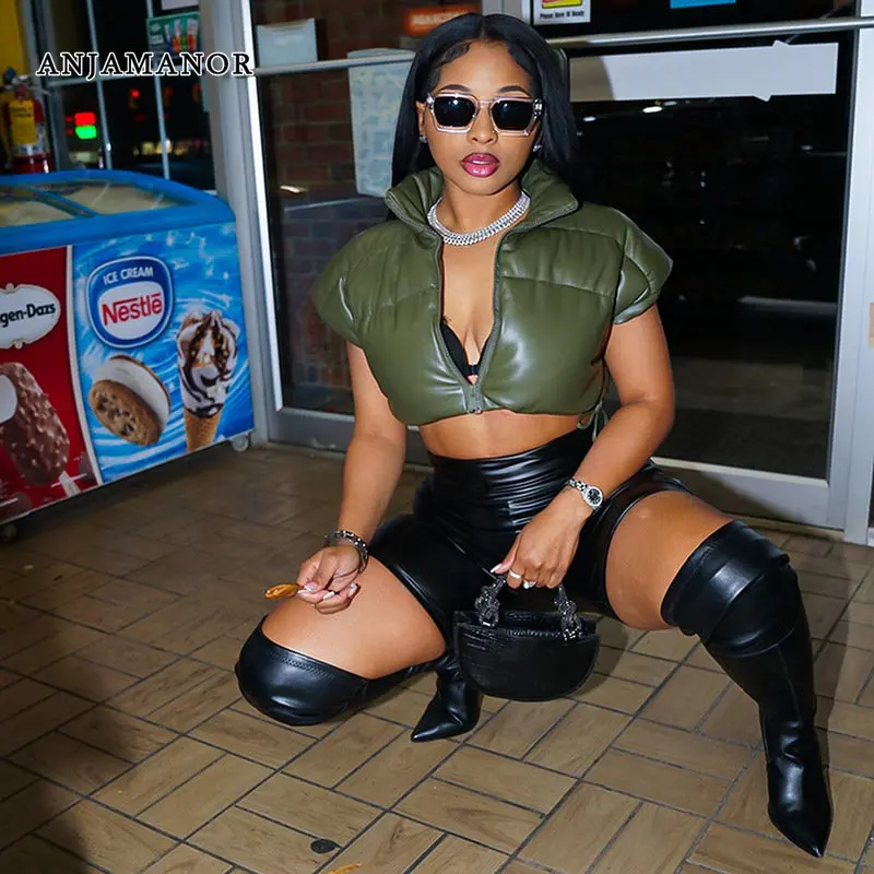 

ANJAMANOR Zip Up Puffer Vest Women Street Fashion Cropped Jacket PU Leather Vest Womens Bubble Coats New Arrival 2023 D85-EE38