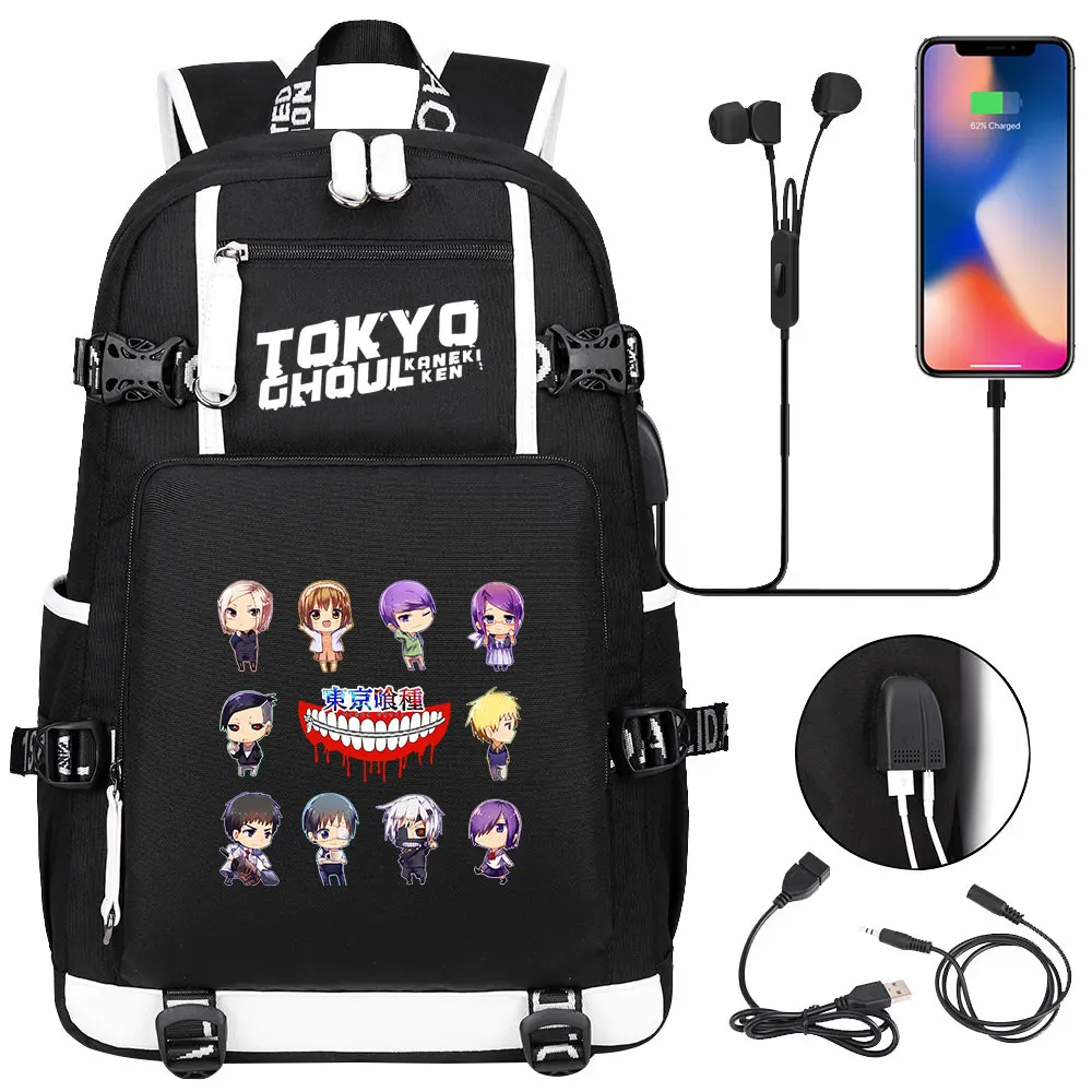 New Anime Tokyo Ghoul Prints USB Boy Girl Kids Book Bags Large Capacity Teenagers Schoolbags Women Men Laptop Travel Backpack