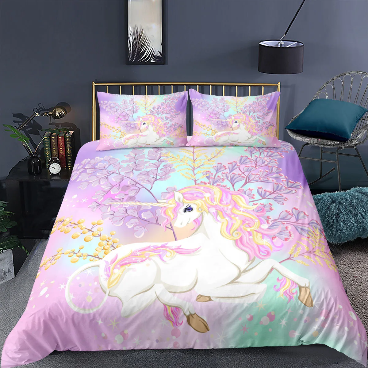 

Unicorn Bedding Set King Queen White Pink Unicorn Duvet Cover for Girls Kids Dreamy Cartoon Sparkle Lilac Polyester Quilt Cover
