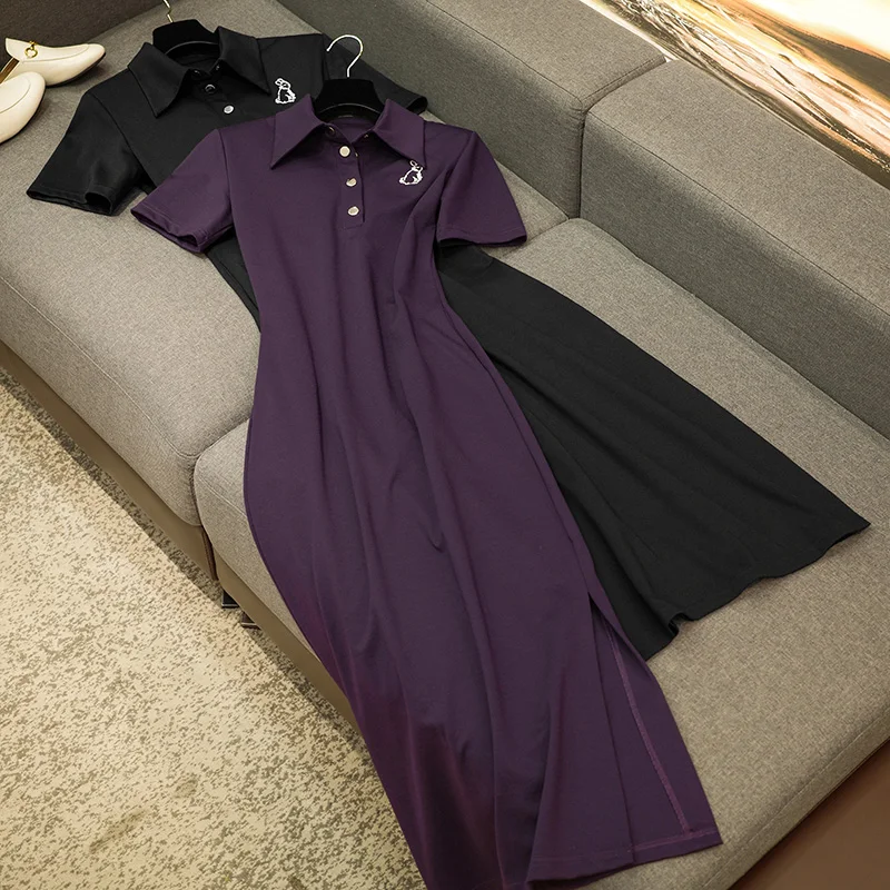 

Formal Elegant Fashion Embroidery Slim Side Split Women's T-shirt Dresses Casual Temperament Design Slim Solid Jupe Clothing