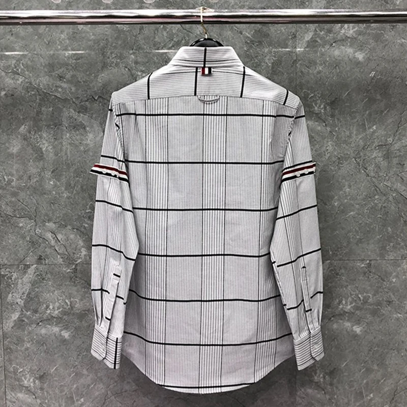 TB THOM Men's Long-Sleeve Regular-fit Casual Shirt  Luxury Brand T Shirts Men Slim Long Sleeve Casual Plaid Shirt Turn Down Tops