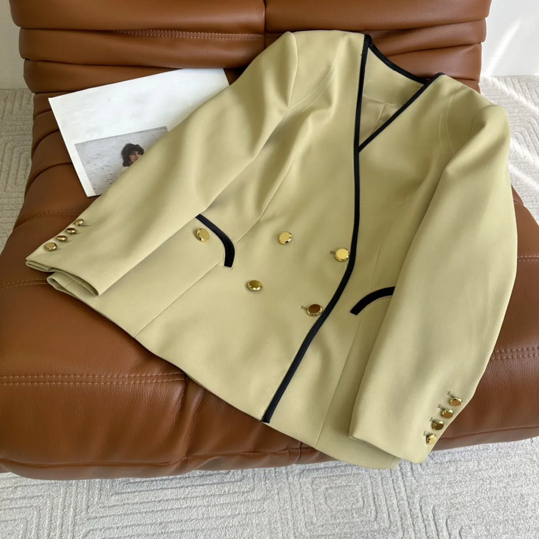 

V-neck blazer double-breasted trim design shoulder topstitching design fabric soft and comfortable 2023 summer new