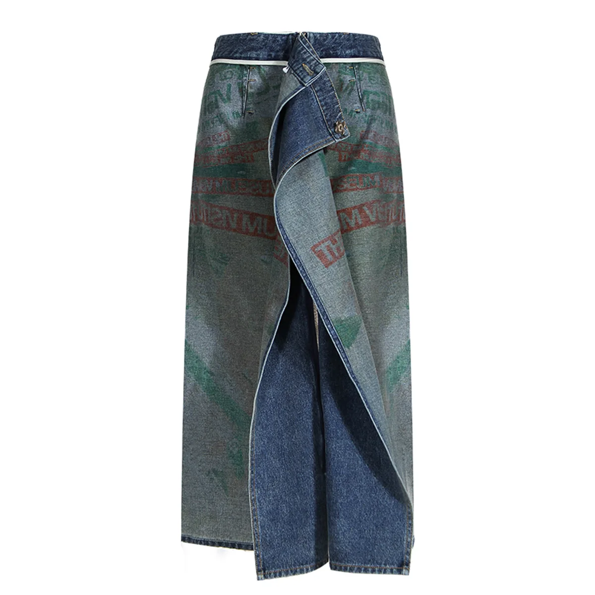 

SuperAen Wrap Up Style Double-sided Art Design Printed Washed Retro Denim Zipper Panel Straight Long Skirt