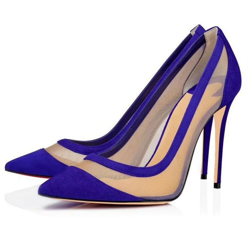 

Blue Suede Mesh Net Stiletto High Heel Pumps Shallow Pointed Toe 12CM 10CM 8CM See Through Patchwork Celebrating Shoes