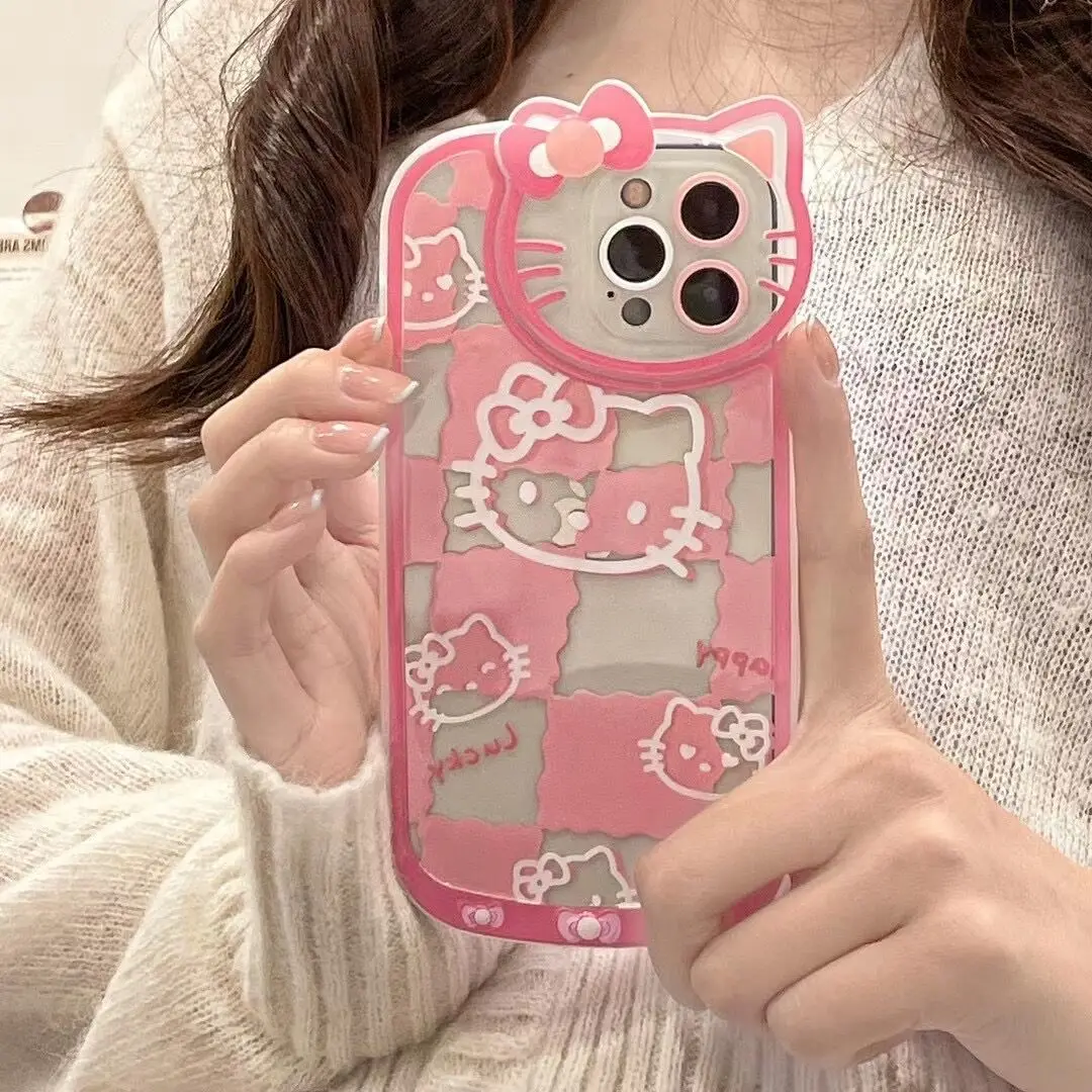 

PG-SLO-202 Fashion Pink Grid Cartoon Cute KT Cat Cover for IPhone 11 12 13 Pro X XR XS Max Shockproof Phone Case IPhone 13 Case