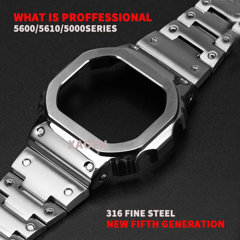 

XAOZU DW5600 Bezel G5600E GWB5600 GWM5600 GB5600 GWM5610 GLX5600 316 Steel Watchband Case Metal Strap Watch Band with Tools
