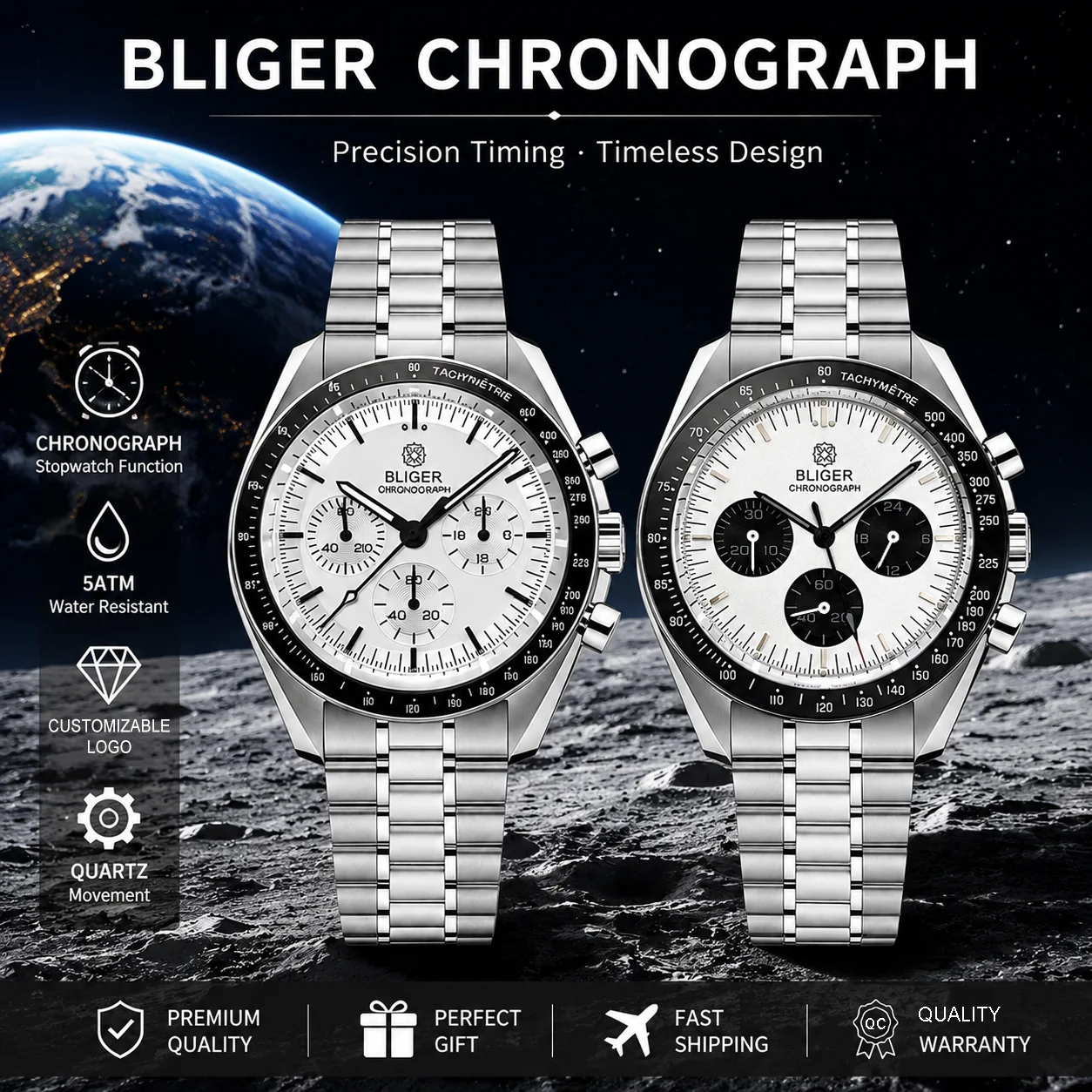 Фото Мужские кварцевые часы BLIGER 40 мм с хронографом VK63, водонепроницаемые, из нержавеющей стали, с черным и белым циферблатом, деловые часы №1