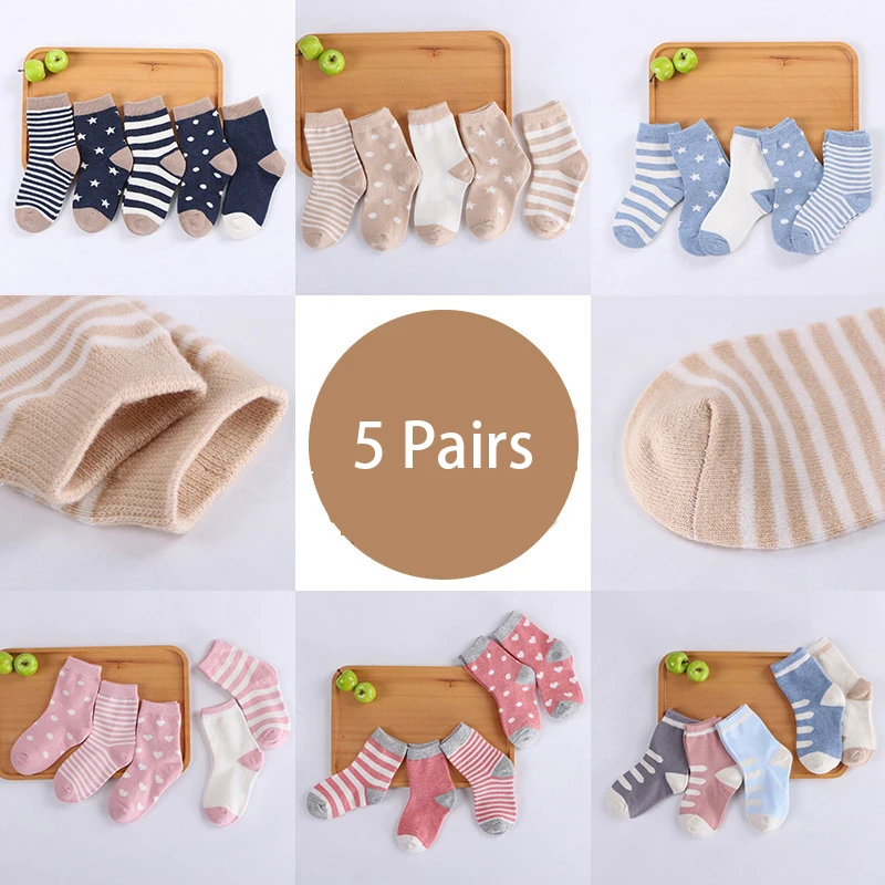 

5Pairs Baby Socks for Kids Girls Boy Cotton Stripe Cartoon Animals Summer Toddler Knitted Socks Newborn Baby Clothes 0-6 Years