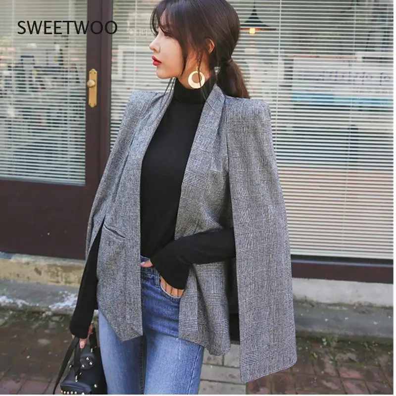 Spring Autumn Cloak Cape Blazer Women Poncho Coat Notch Lapel Split Long Sleeve Casual Clothes Suit Jacket Female Outwear Tops