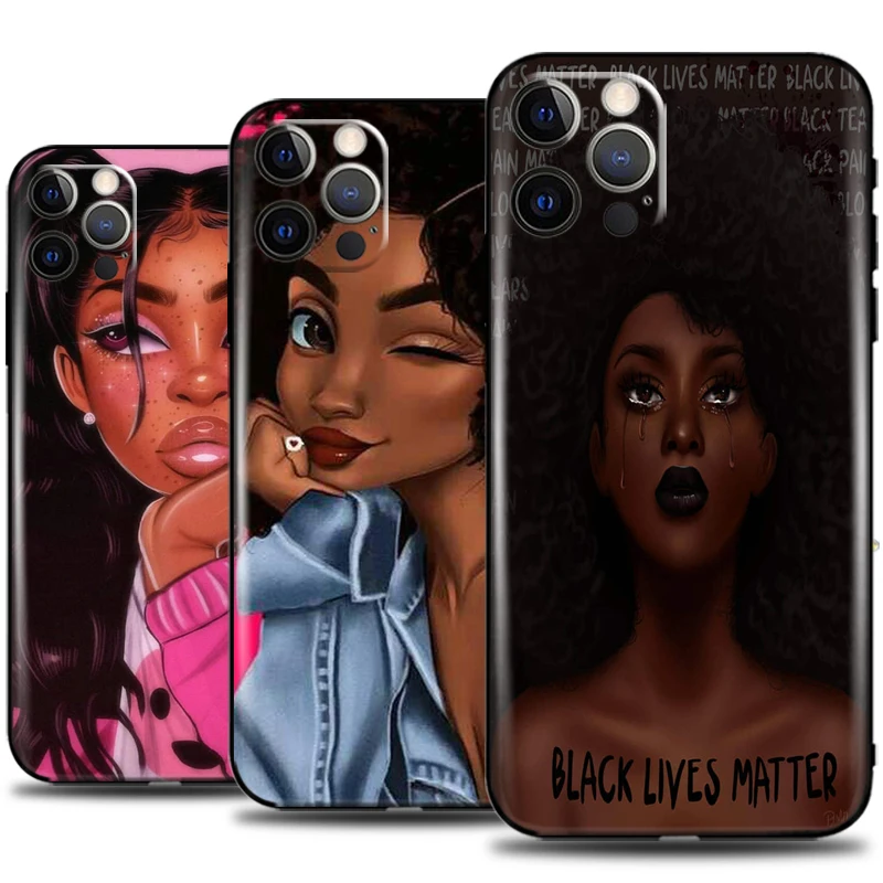 

Cute Fashion Black Woman Phone Case For iPhone 13 12 11 Pro Mini X XR XS Max 5 5s 6 6s 7 8 Plus Black Bumper Ultra-Thin