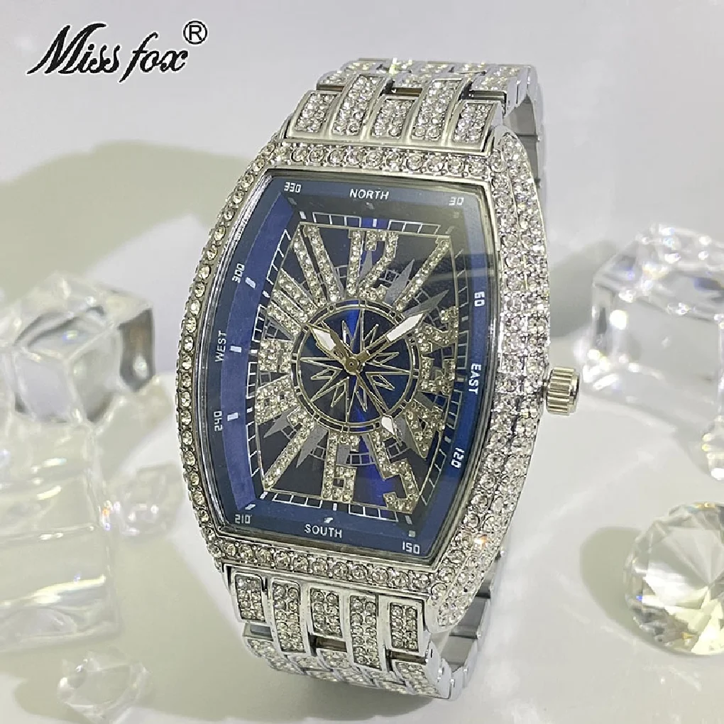 

MISSFOX Iced Watches Men Luxury Brand Fashion Quartz Wristwatch Diamond Waterprof Luminous Tonneau Clock Male Gift Free Shipping