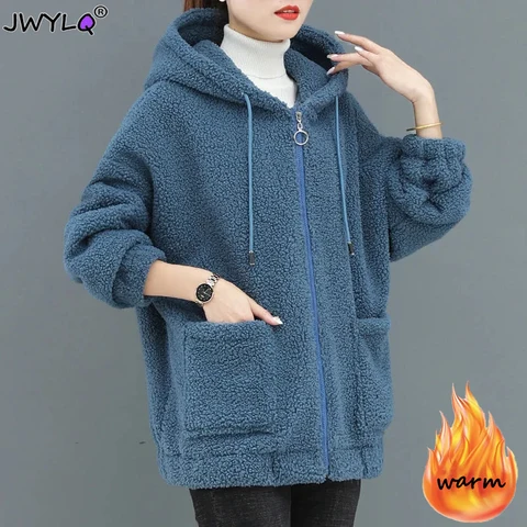 New M-5xl Lambswool Pocket Zip Up Hoodie Autumn Winter Thick Warm Womens Clothing Simple All-match Streetwear Hooded Sweatshirts